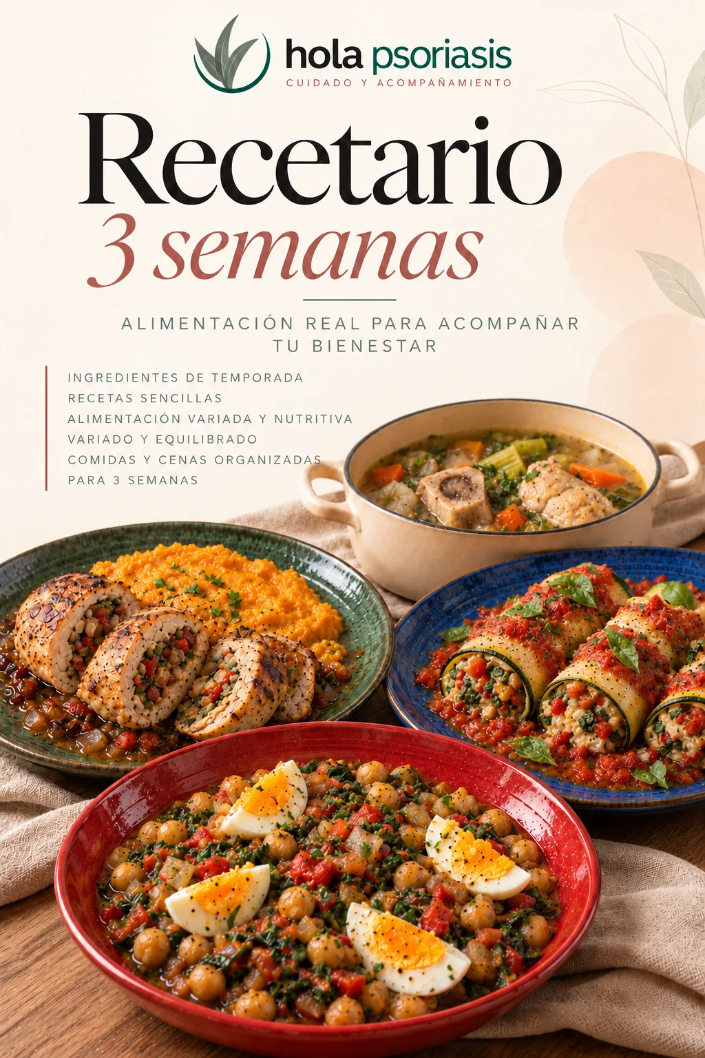 Portada del recetario estacional de 3 semanas con caldo, pollo relleno, canelones de calabacín y garbanzos